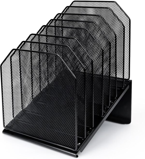 7-Section Inclined Metal Wire Mesh Desktop File Organizer, Vertical Folder Holder Rack for Office, School, Classroom, and Home, Black