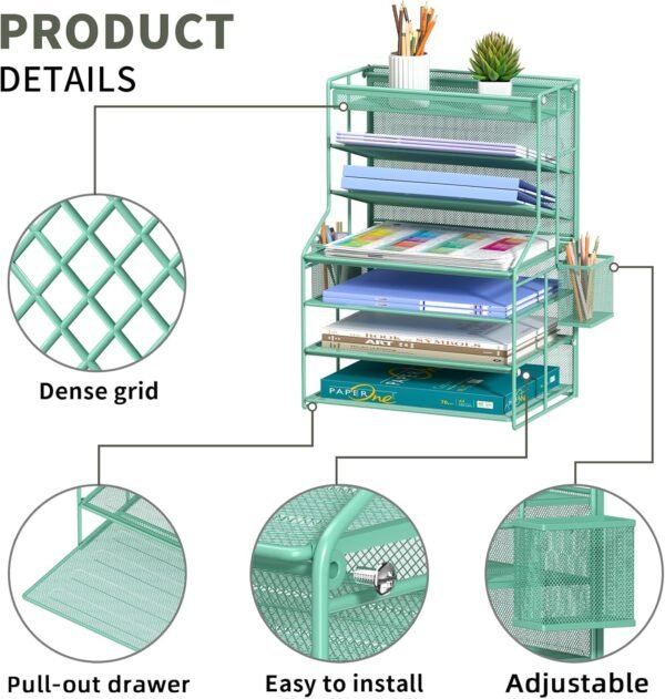 7-Tier Green Metal Desk File Organizer with Adjustable Shelves, Pull-Out Drawer, and Removable Pen Holder