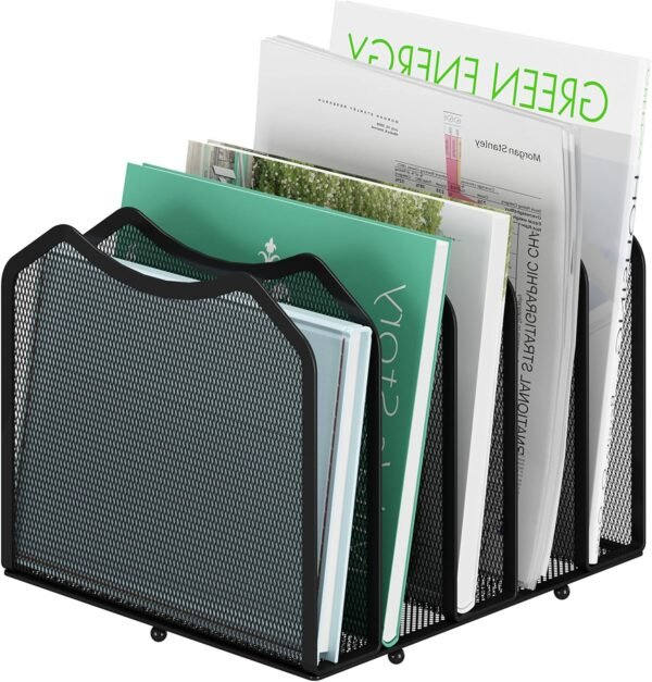 5-Section Black Mesh Desktop Bookshelf and File Sorter Organizer for Home Office