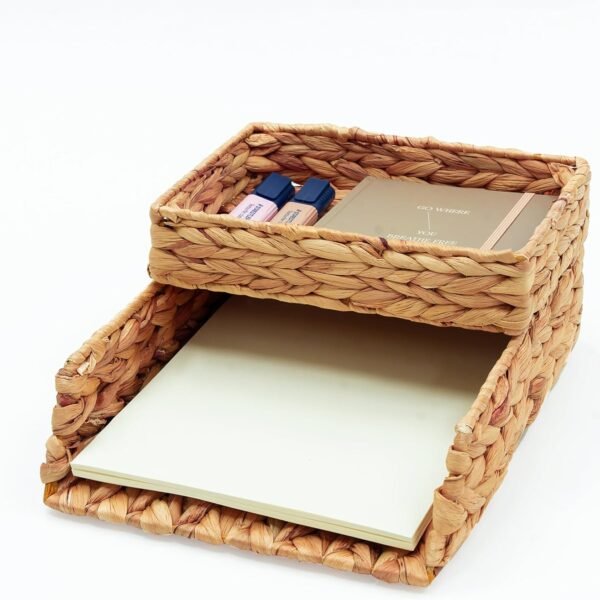 Desk Organizer Letter Tray Set of 2, Woven Water Hyacinth Tabletop Desktop for Storage Paper Letter Folders Notebooks Copy Print, Workspace Holder, Keep Stationery Saver