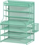 7-Tier Green Metal Desk File Organizer with Adjustable Shelves, Pull-Out Drawer, and Removable Pen Holder