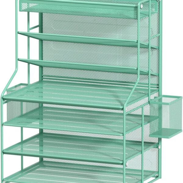 7-Tier Green Metal Desk File Organizer with Adjustable Shelves, Pull-Out Drawer, and Removable Pen Holder