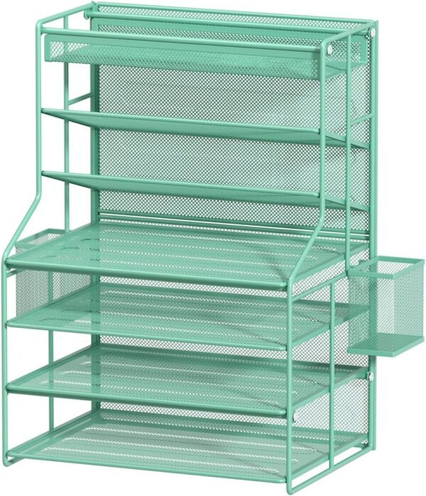 7-Tier Green Metal Desk File Organizer with Adjustable Shelves, Pull-Out Drawer, and Removable Pen Holder
