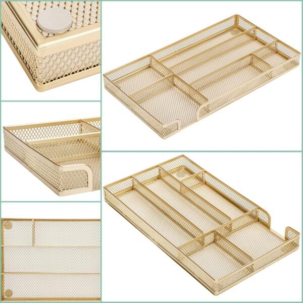 Desk Drawer Organizer Tray for Office Organization - Metal Mesh - Storage Tray with Dividers for Pens, Desktop Accessories, Bathroom, Kitchen, Makeup and Office Supplies (Small, Gold)