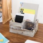 Rustic Torched Wood Desktop Office Stationery Organizer Tray with 3 Compartment, Multipuprose Caddy Remote Control and Media Storage Holder