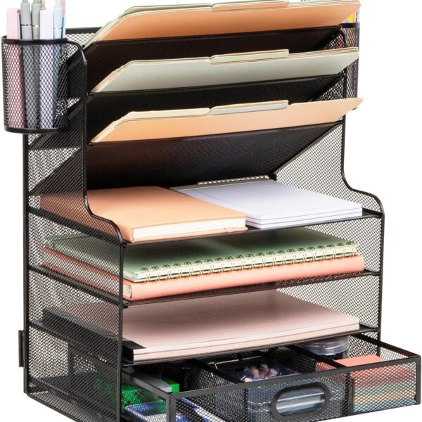 6-Compartment Black Metal Mesh Desk Organizer with 1 Drawer and 2 Pen Cups, Office Desktop Storage Solution