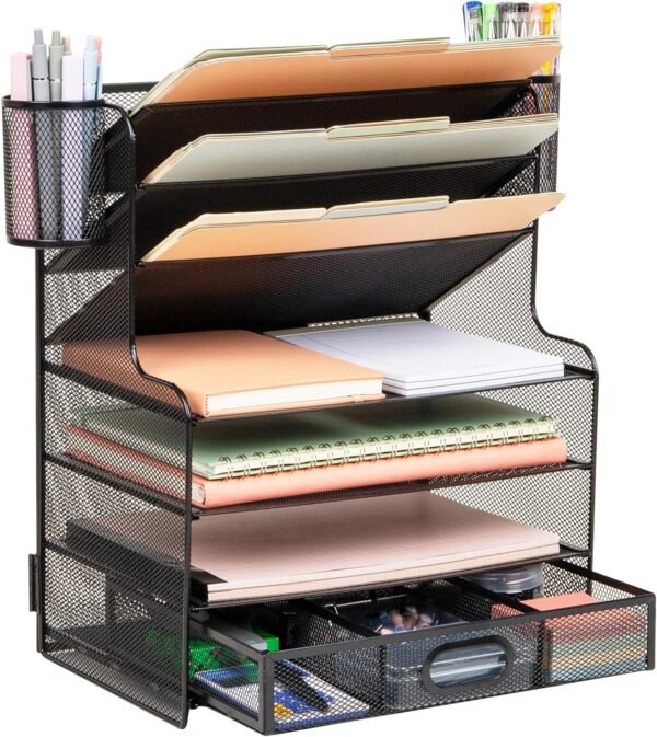 6-Compartment Black Metal Mesh Desk Organizer with 1 Drawer and 2 Pen Cups, Office Desktop Storage Solution