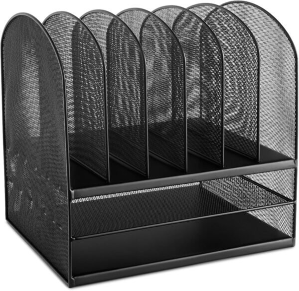 6-Vertical Compartment Black Steel Mesh Desk Organizer with 2 Trays, Office and Classroom Mail Sorter
