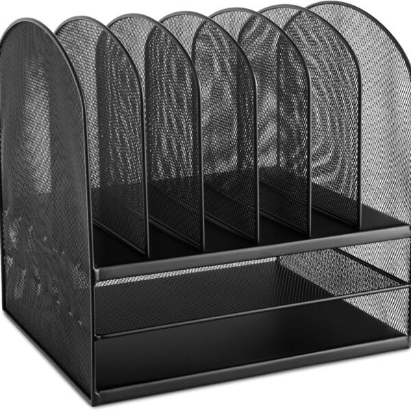 6-Vertical Compartment Black Steel Mesh Desk Organizer with 2 Trays, Office and Classroom Mail Sorter