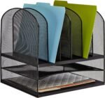 6-Vertical Compartment Black Steel Mesh Desk Organizer with 2 Trays, Office and Classroom Mail Sorter