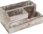 Rustic Torched Wood Desktop Office Stationery Organizer Tray with 3 Compartment, Multipuprose Caddy Remote Control and Media Storage Holder