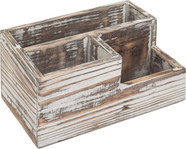 Rustic Torched Wood Desktop Office Stationery Organizer Tray with 3 Compartment, Multipuprose Caddy Remote Control and Media Storage Holder