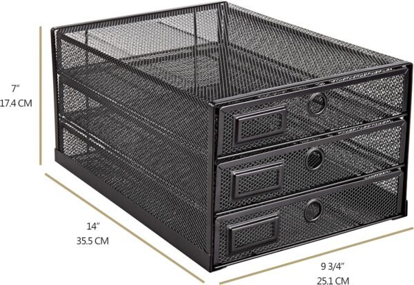 3-Tier Black Wire Mesh Desk Organizer with Sliding Drawers, Multifunctional Paper Sorter for Letters, Documents, Mail, Files, and Kids' Art Supplies